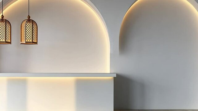 Minimalist interior design, white arches, pendant lamps, empty counter. Stock photo for interior design, architecture, or home decor