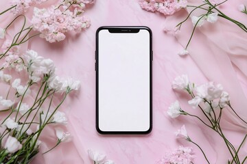 Blank screen phone on wedding background mockup. White blank screen phone wedding invitation mockup. Wedding Stationery Mockup