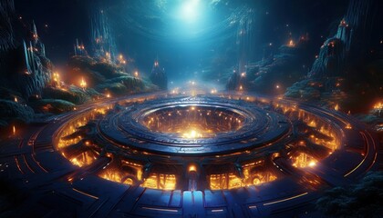 Vibrant energy radiates from a circular portal in a dark, enchanting cavern filled with mysteries.