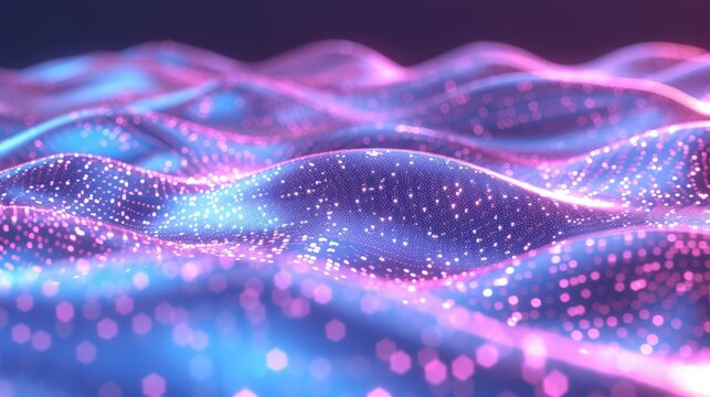 Abstract digital waves with pink and blue glowing particles. Highlights advanced SEO data, real-time performance, and futuristic concepts in marketing visualization through flowing designs.