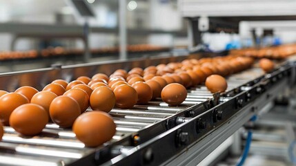 Egg production line showcasing rows of fresh brown eggs moving on conveyor belts in clean and organized environment of modern egg processing facility emphasizing efficiency and hygiene.