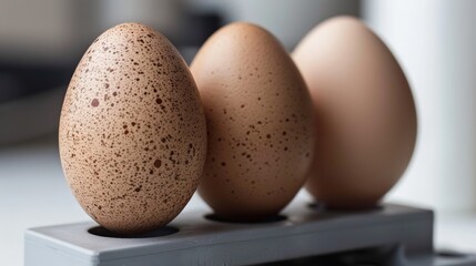 Bright orange yolks arranged on a white tray during quality testing in a modern facility, showcasing freshness, nutritional focus, and hygiene in contemporary egg production...