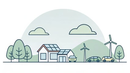 Minimalist vector illustration of a sustainable home with solar panels, wind turbines, and electric cars, promoting renewable energy and eco-friendly living.