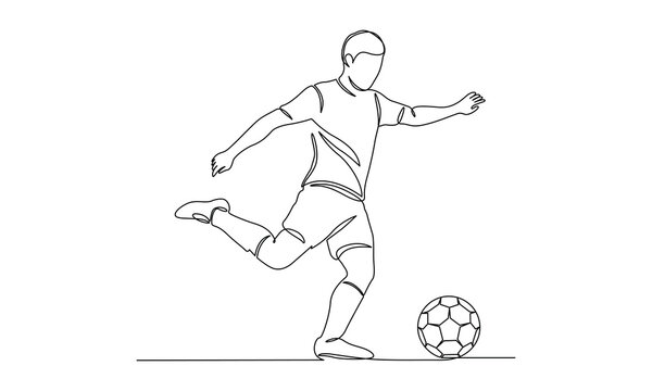 One continuous single drawing line art of soccer player, man football player, minimalist design, isolated on a white background