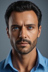 Fototapeta premium arafed man with a beard and blue shirt looking at the camera