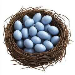 Fototapeta premium Realistic 3D Icon Cartoon of a Birds Nest Filled with Tiny Navy Blue Eggs isolated on clear white background