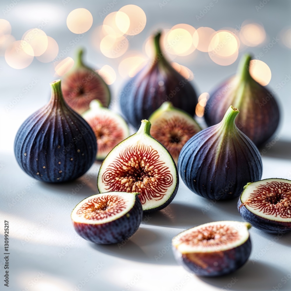 Poster fresh figs arranged artistically on a table with soft light creating a warm ambiance in a cozy indoo