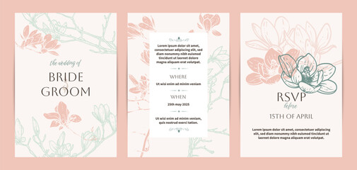 Colorful saturated and bright beautiful wedding invitations. Modern and joyful A4 vector format design with highly detailed flowers for print and online usage. Happy hand drawn magnolia illustrations