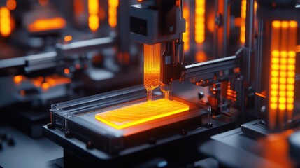 Abstract 3D Rendering of Futuristic Manufacturing Process with Glowing Orange Liquid