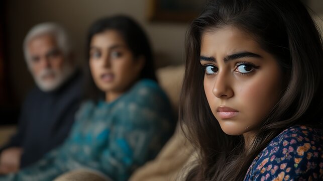 A young woman fighting against forced marriage, with her parents arguing in the background 