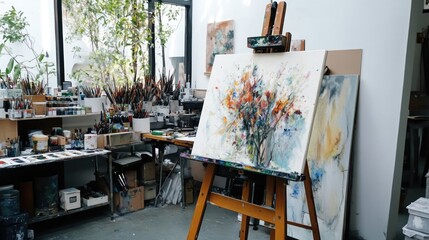 Abstract Floral Painting in Artist's Studio: Vibrant Colors, Textured Canvas, and an Array of Paint Supplies