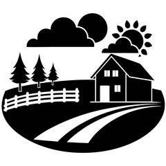 Black silhouette of a rural landscape with house, trees, and sun