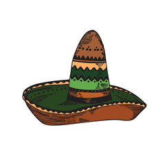 Mexican ethnic sombrero hat isolated element. Vector drawing illustration for icon, game, packaging, banner. Wild west, Mexico concept. Traditional Mexican wide brimmed hat.