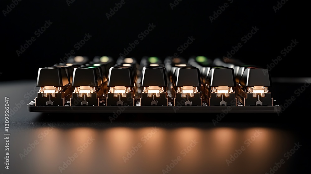 Aufkleber close-up view of illuminated mechanical keyboard keys on a dark surface, highlighting technology