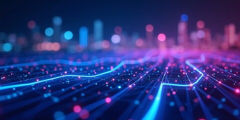 Obraz premium Futuristic Blue and Red digital binary data on computer screen Abstract Waving Particle Technology Background Design.