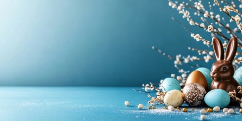 A beautifully festive Easter arrangement showcasing a delightful chocolate bunny, an array of colorful eggs, and delicate branches, all set against a softly captivating blue background