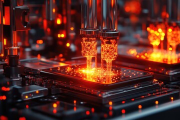Abstract Technology: Glowing Orange Liquid Filling Circuit Board