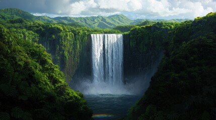Majestic Waterfall Surrounded by Lush Green Mountains and Forests