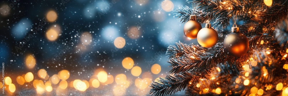 Leinwandbilder festive decorations with golden ornaments on a snow covered christmas tree in a sparkling winter set