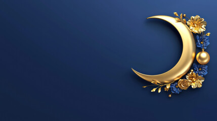 Naklejka premium Elegant Crescent Moon with Gold Floral Details, Deep Blue Ramadan Banner Design