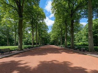 Sunlit Park Path Photo: Trees, Benches, and Red Ground