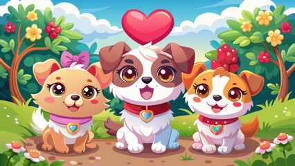Adorable Puppies with Heart-Shaped Accessories in Natural Setting