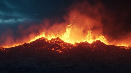 Fototapeta premium Dramatic Eruption of Molten Lava Flowing on a Dark Night Sky