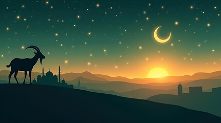 Eid al-Adha Festival: Crescent Moon, Goat, and Mosque at Sunset