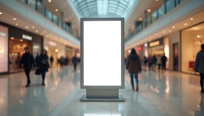 White billboard stands inside big shopping mall for advertising on LED panel. Marketing concept of blank space, mock-up, template for commercial promotion, digital announcements, modern information.