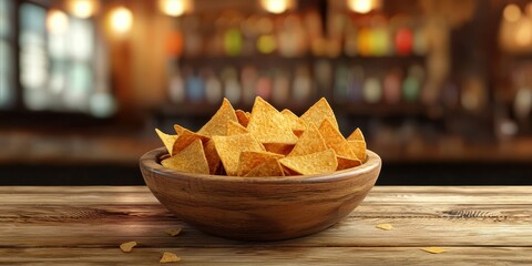 Realistic 3D Icon Cartoon of A Bowl of Crunchy Nacho Cheese Doritos on a Wooden Plate with a Softly Blurred Bar Background