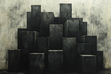 Dark cubic forms rise against textured wall