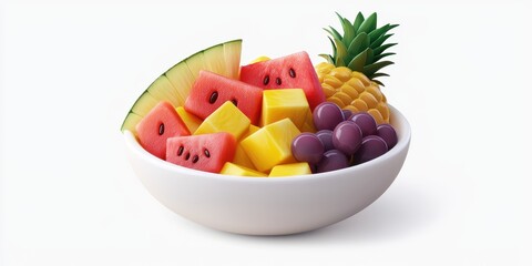 Realistic 3D Icon Cartoon of A Bowl of Fresh Fruit Salad with Pineapple, Watermelon, and Grapes on a White Background