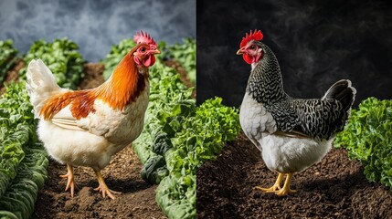 Fototapeta premium Two chickens in a garden bed, facing different directions
