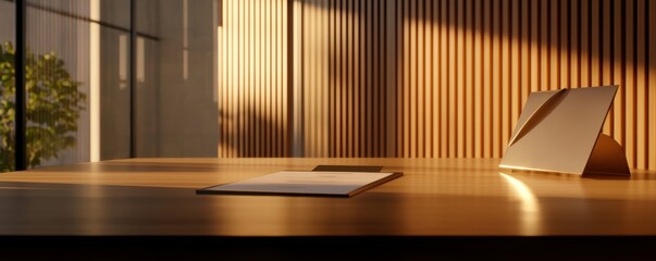 Conference badge and agenda on a desk, in an empty meeting room with a screen, prepared for a business event with structure