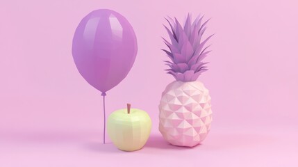 Pastel pineapple, apple, balloon on pink.  Summer party decoration