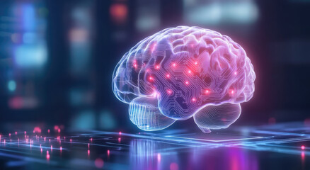 Human brain integrated with technology illuminated in a futuristic setting