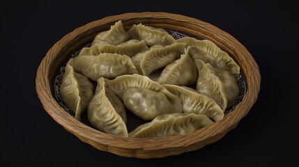 Steamed dumplings wooden plate dark background food photography