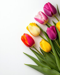 Naklejka premium Springtime Flat Lay of Tulips with Bright Colors and Simple Background