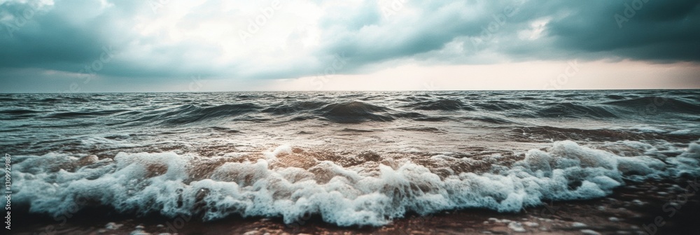 Poster Lonely seashore with gentle waves and overcast sky invites reflection in open space Generative AI