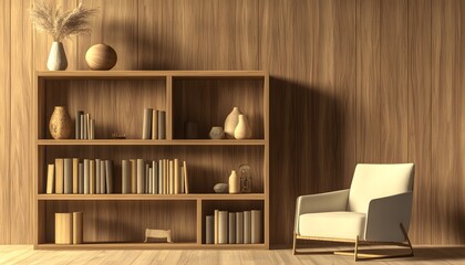 Modern Minimalist Living Room With Wooden Bookcase And Chair