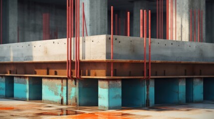 Concrete foundation construction detail with steel supports and rebar.