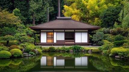 Fototapeta premium Serene Japanese Garden with Traditional House by Calm Reflecting Pond