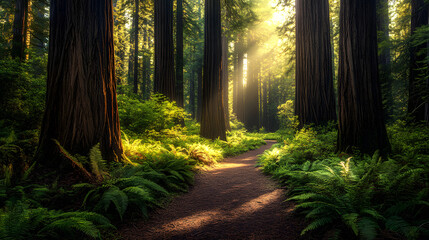 Obraz premium A forest trail leading through ancient redwood trees, with sunlight filtering down 