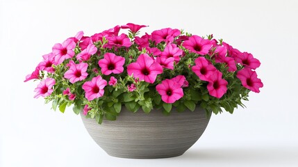Pink petunias in gray pot, white background, spring