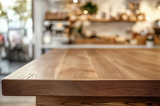 Empty brown wooden table with blurred background in coffee and bakery shop concept