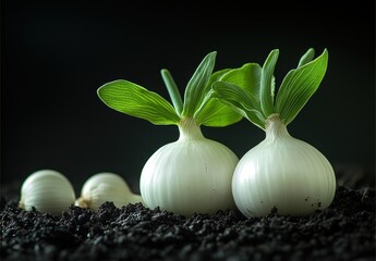 Fresh White Onion Bulbs with Healthy Green Leaves Growing in Dark Rich Soil, Perfect for Culinary Preparation and Agriculture Themes