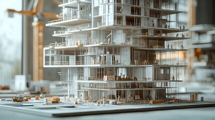 Modern city model construction site, busy workers