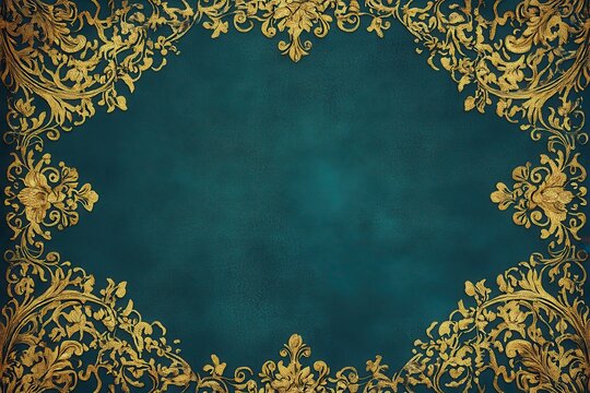 An elegant golden lace pattern with intricate filigree on a deep teal background creating a luxurious arabesque design that blends sophistication and romantic vintage aesthetics
