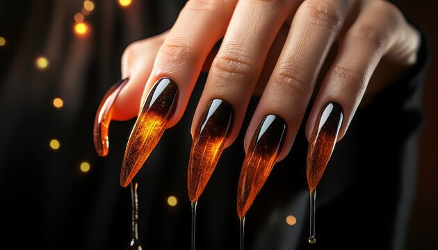 Glossy amber nails shimmer with liquid light, captivating all who gaze upon them.