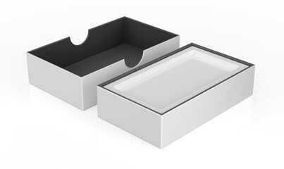 Mockup of cardboard box with removed white and black lid. 3d illustration on white background